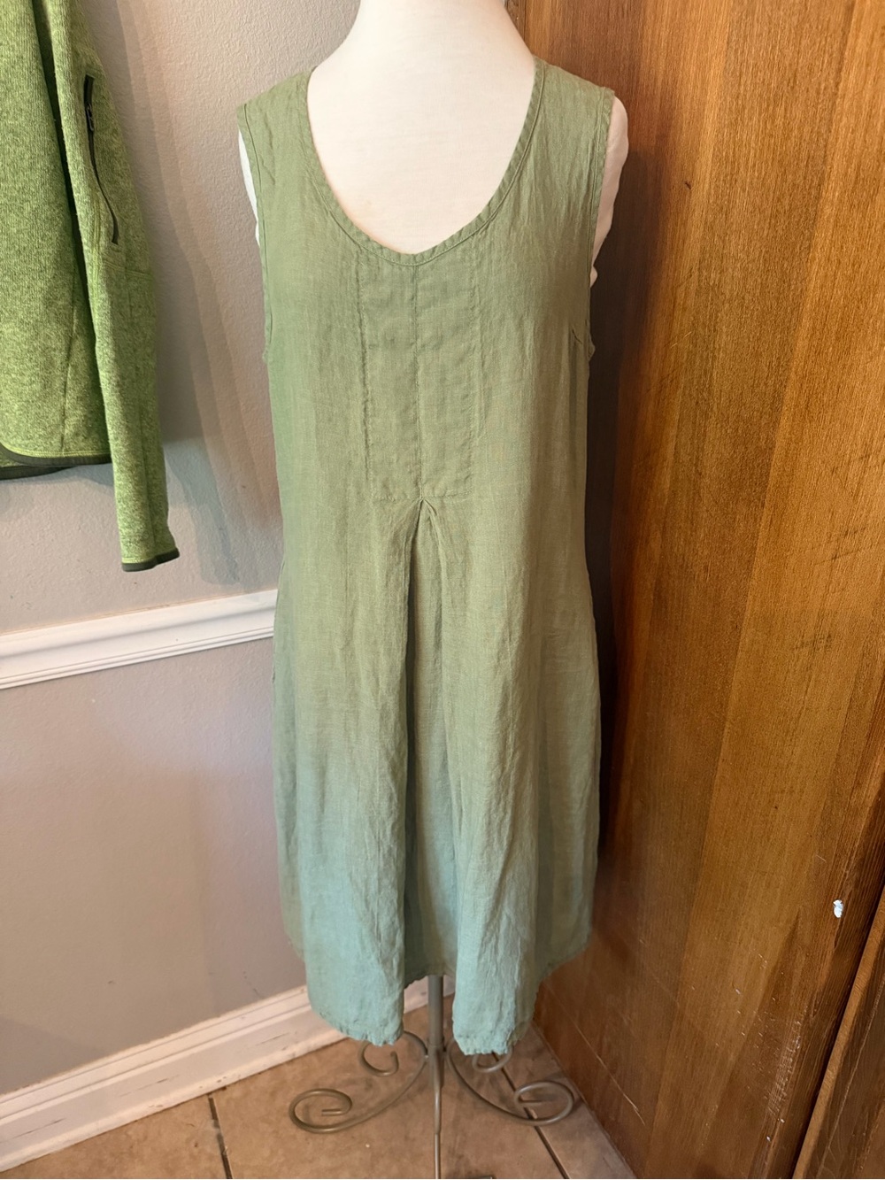 Sage Flax 100%  Linen Shift Dress Green Linen Sleeveless Midi Dress